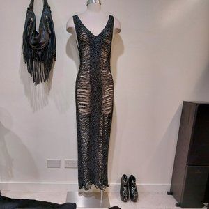 Vintage Distressed Crochet Maxi Dress in Metallic Black Thread